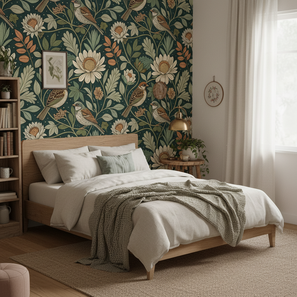 Copper Sparrow Seamless Pattern PNG | Arts & Crafts Green Floral Digital Fabric Print | Dark Academia Wallpaper File - Image 5