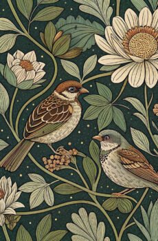 Copper Sparrow Seamless Pattern PNG | Arts & Crafts Green Floral Digital Fabric Print | Dark Academia Wallpaper File