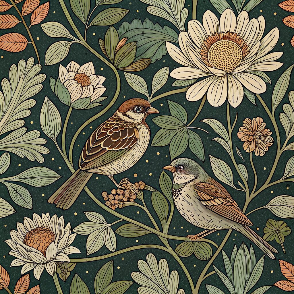 Copper Sparrow Seamless Pattern PNG | Arts & Crafts Green Floral Digital Fabric Print | Dark Academia Wallpaper File