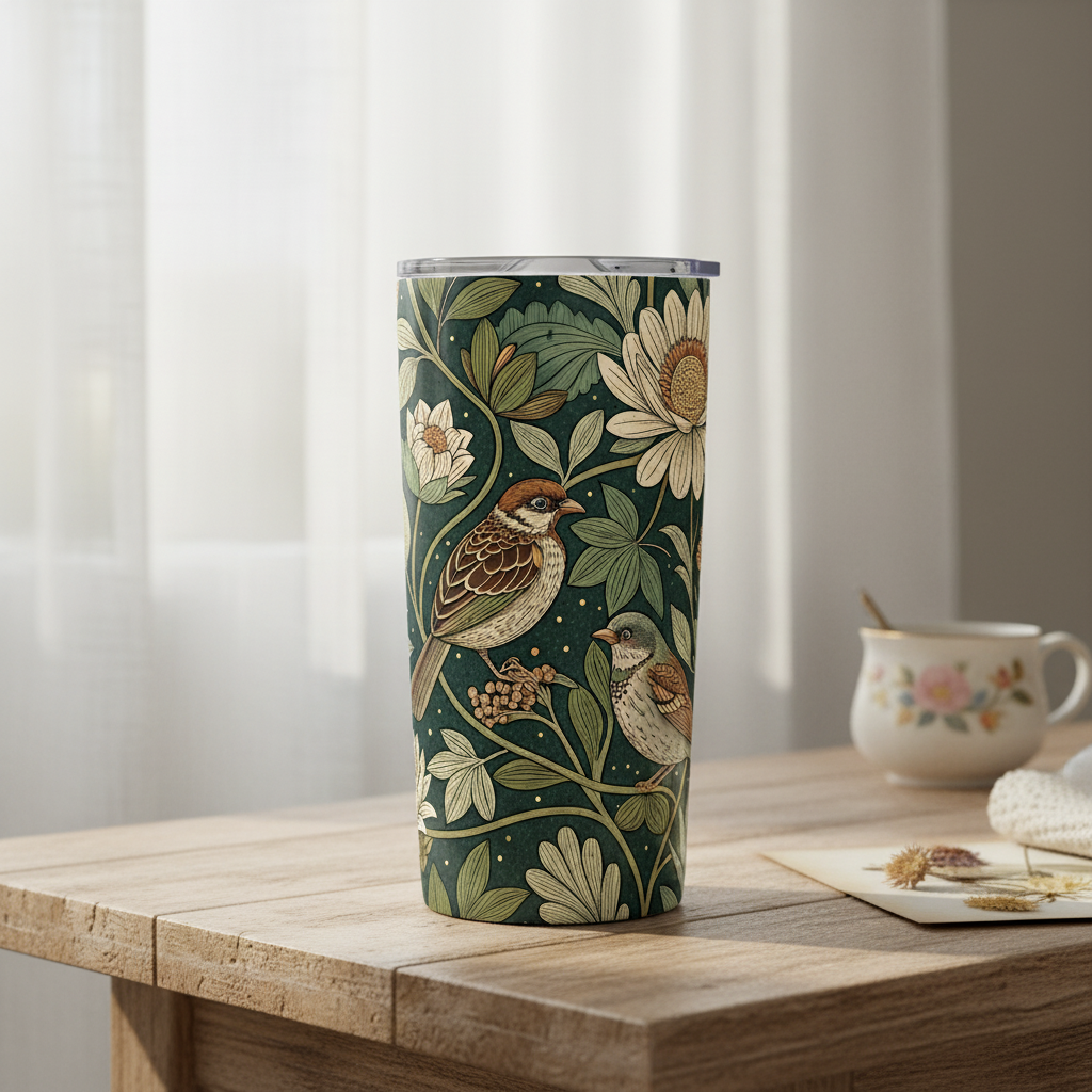 Copper Sparrow Seamless Pattern PNG | Arts & Crafts Green Floral Digital Fabric Print | Dark Academia Wallpaper File - Image 6