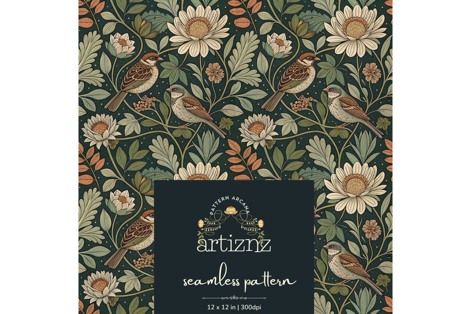 Copper Sparrow Seamless Pattern PNG | Arts & Crafts Green Floral Digital Fabric Print | Dark Academia Wallpaper File - Image 3