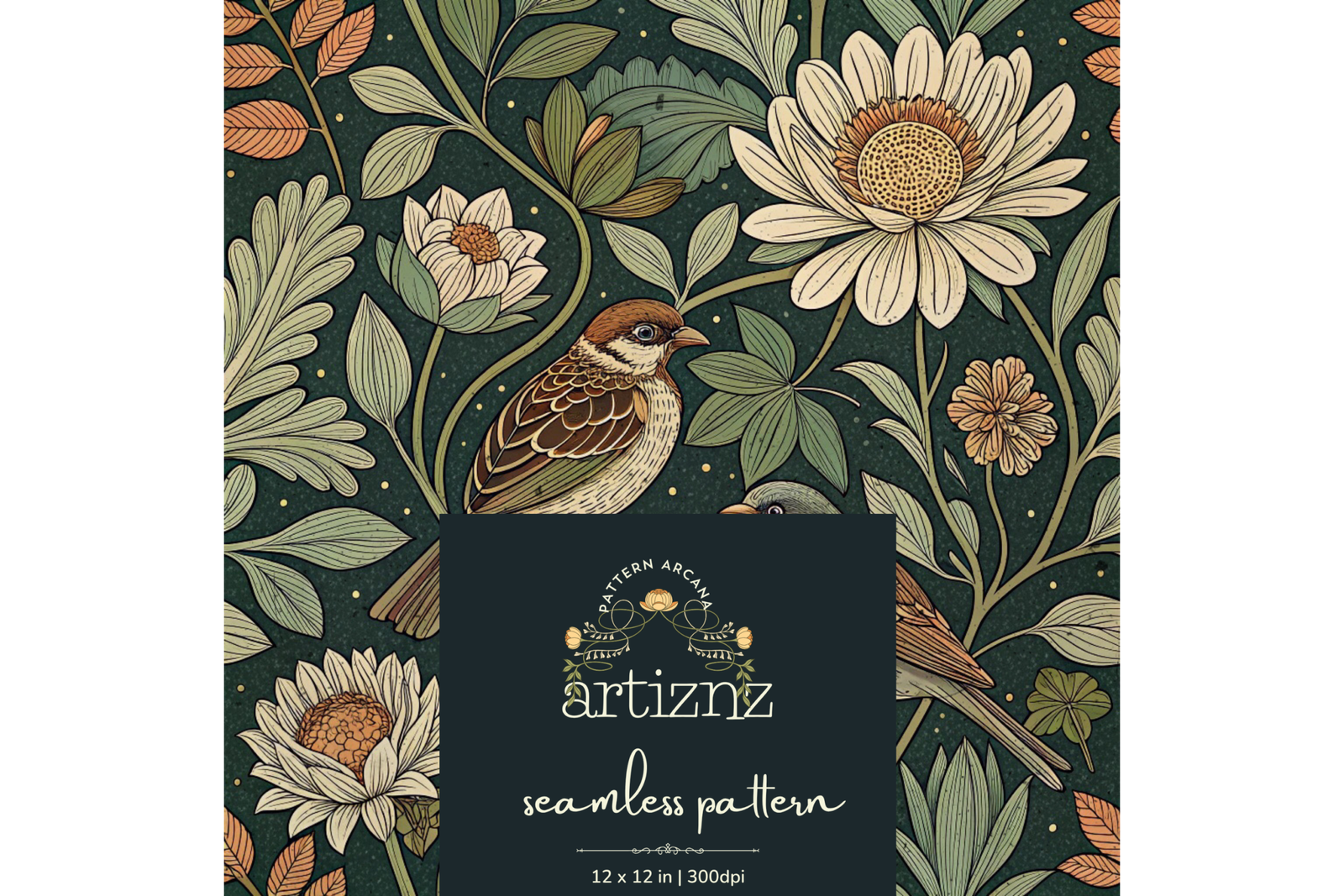 Copper Sparrow Seamless Pattern PNG | Arts & Crafts Green Floral Digital Fabric Print | Dark Academia Wallpaper File - Image 2